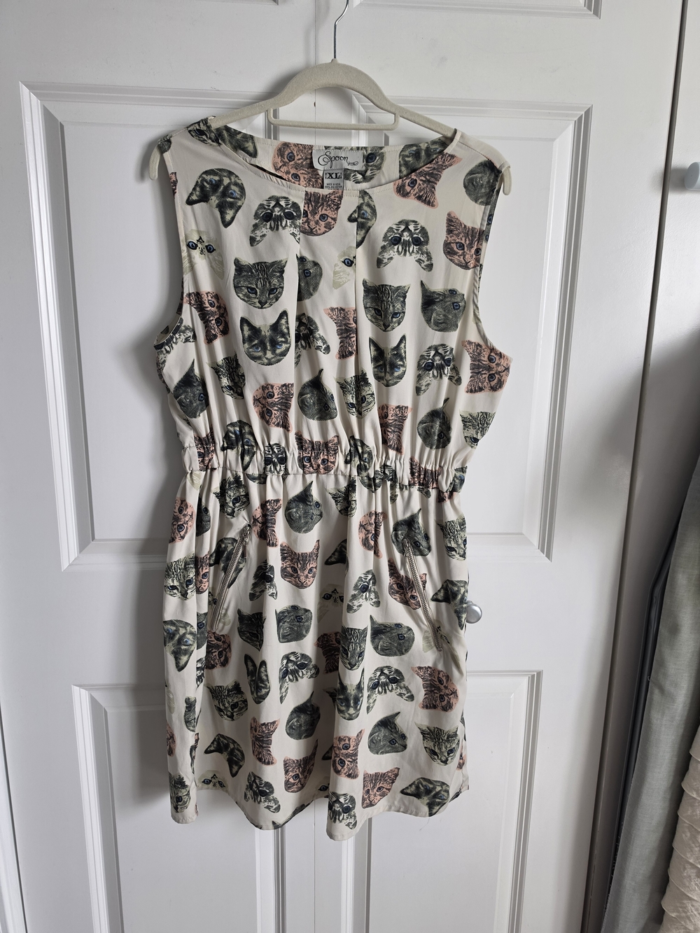 Cream Cat Print Sleeveless Mini Dress zipper pockets